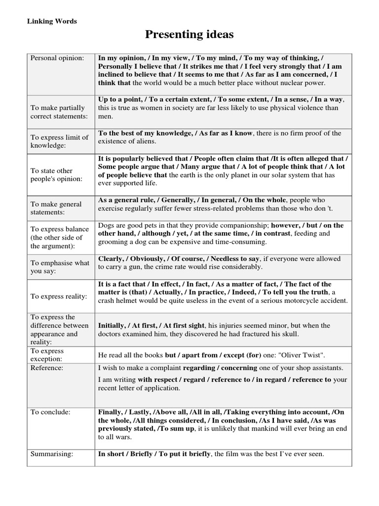 Linking Words - Presenting Ideas | PDF | Knowledge | Dogs
