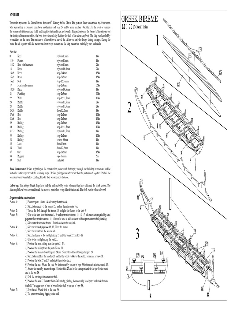 Greek Bireme Model Construction Guide | PDF | Rudder | Deck (Ship)