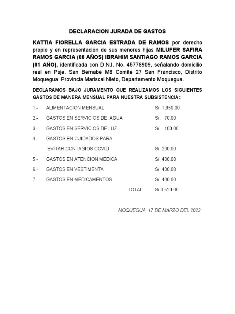 Declaración Jurada de Gastos Mensuales | PDF