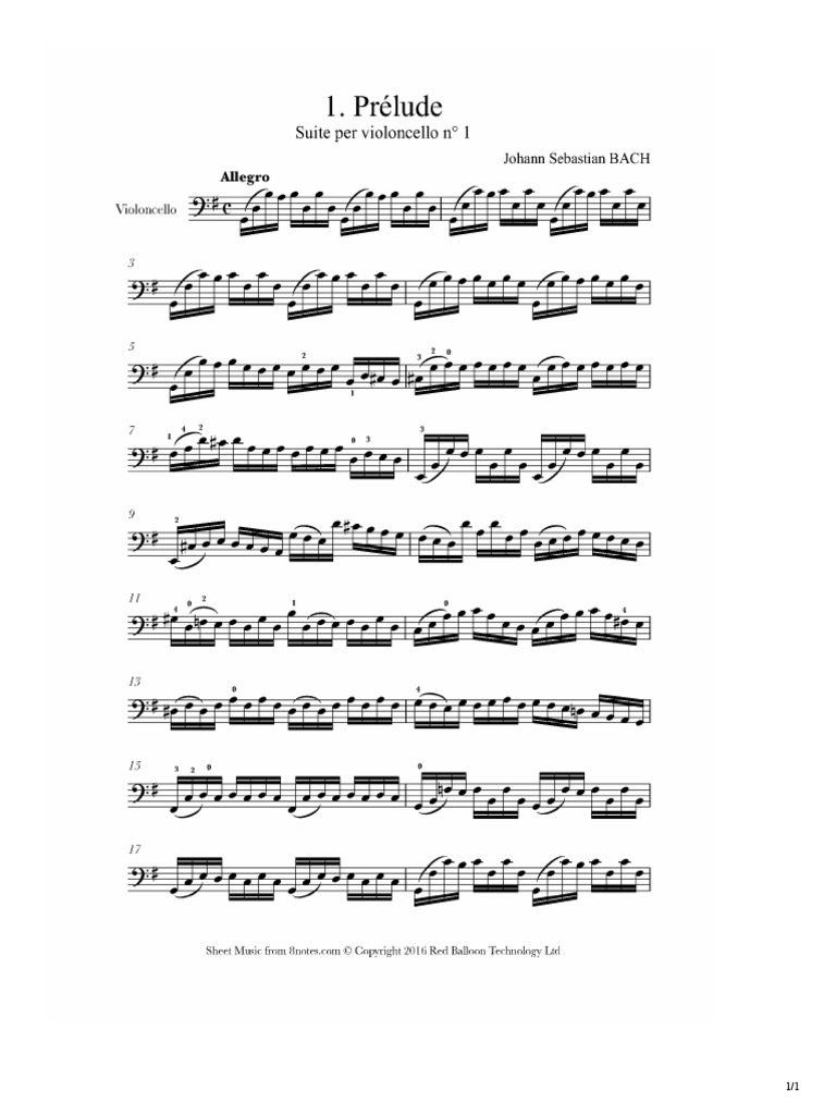 Bach Cello Suite 1 Prelude Sheet Music PDF