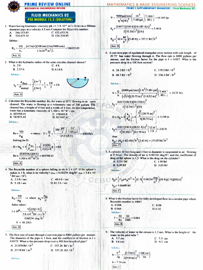 13 2 Fluid Mechanics 02 Solutions Pdf Reynolds Number Fluid Dynamics