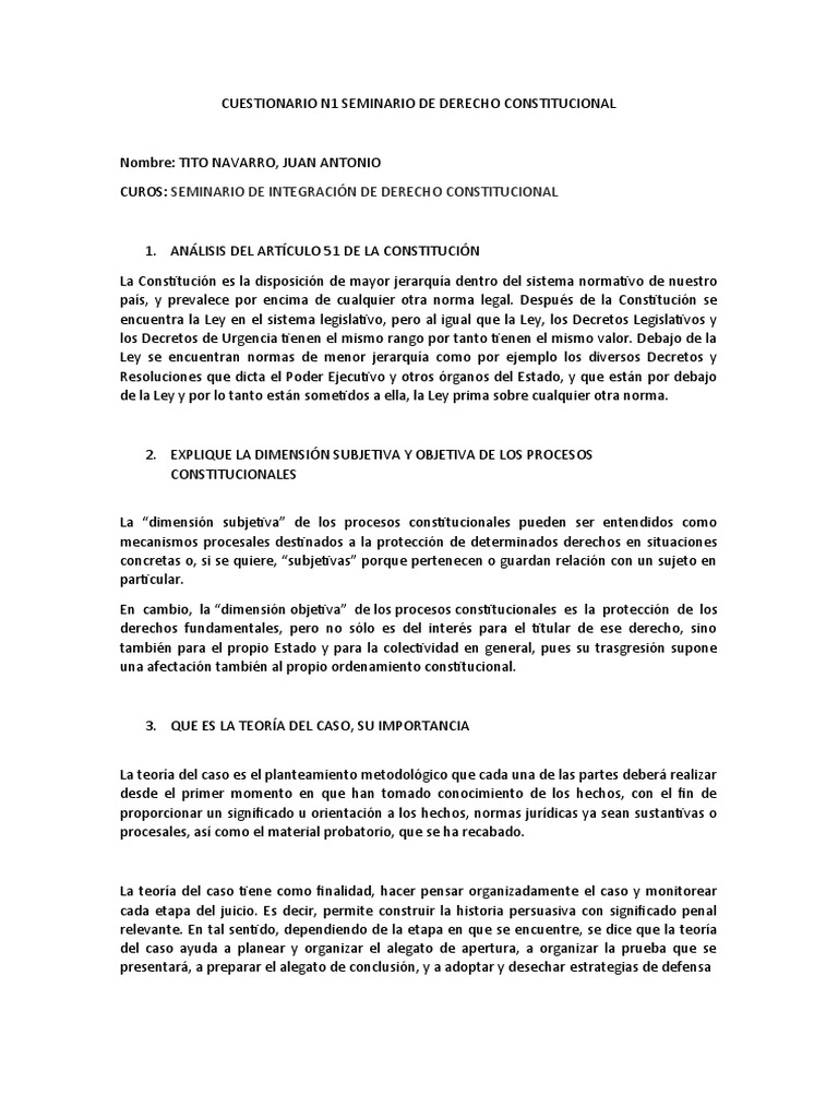 Cuestionario N1 Seminario de Derecho Constitucional | PDF | Derecho ...
