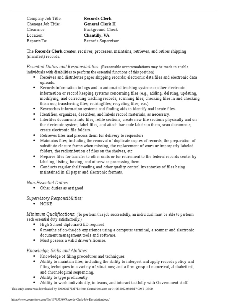 Essential Duties and Responsibilities Records Clerk General Clerk II