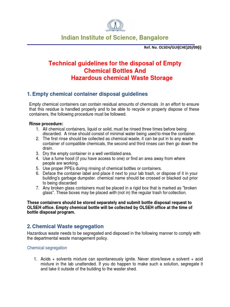 Technical Guidelinesl Disposal Empty Chemical Bottles PDF Waste