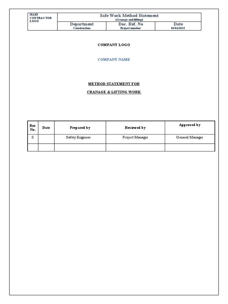 Method Statement For Cranage & Lifting | PDF | Personal Protective ...
