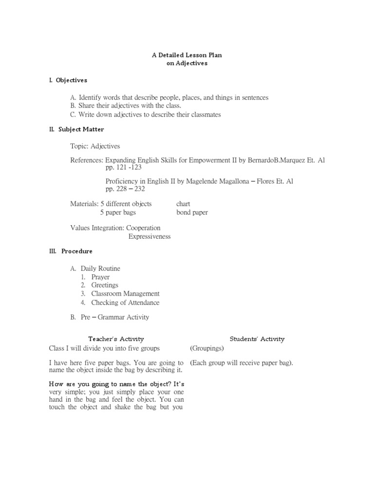 A Detailed Lesson Plan On Adjectives I. Objectives | PDF | Noun | Adjective