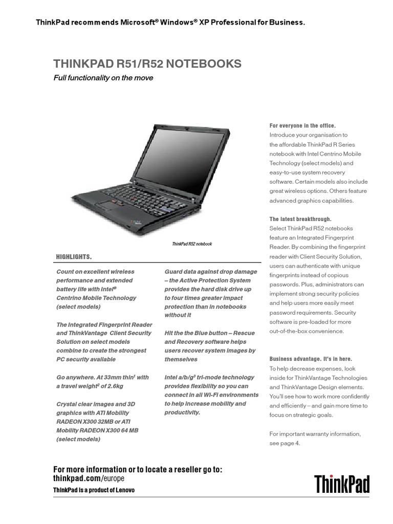 Thinkpad R51/R52 Notebooks: Full Functionality On The Move | PDF ...