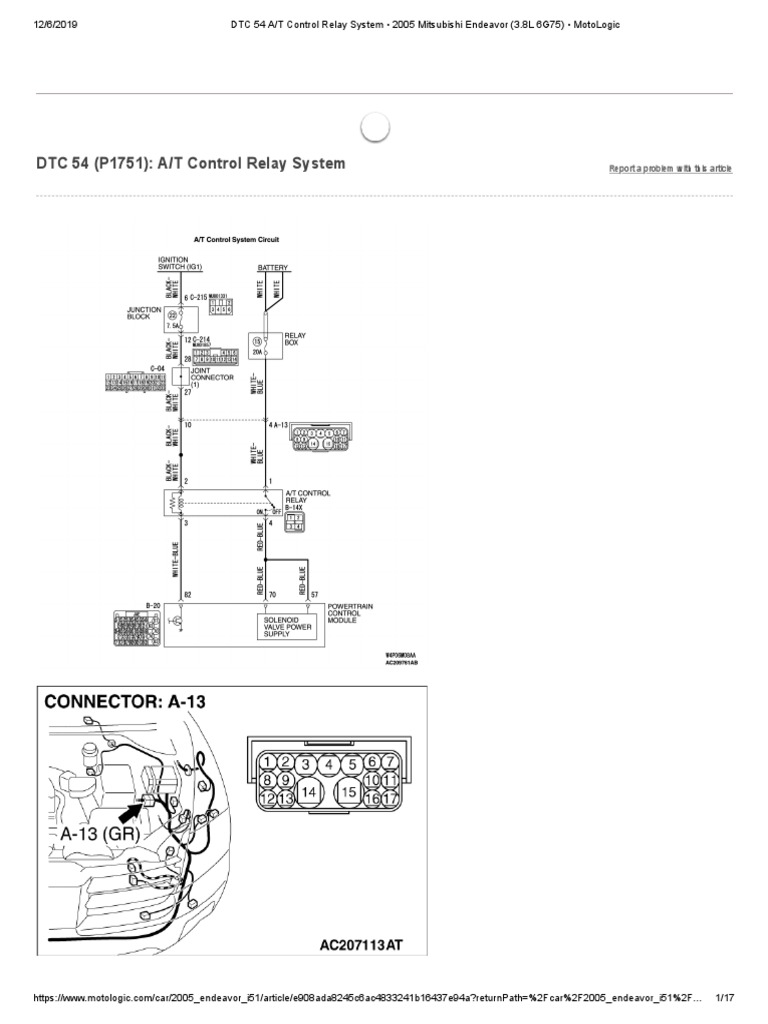 DTC 54 (P1751) A/T Control Relay System Report A Problem With This