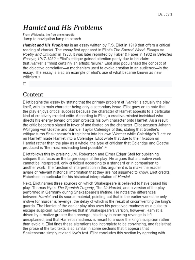 Hamlet and His Problems Content PDF