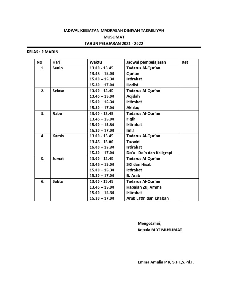 Jadwal Kegiatan Madrasah Diniyah Takmiliyah | PDF