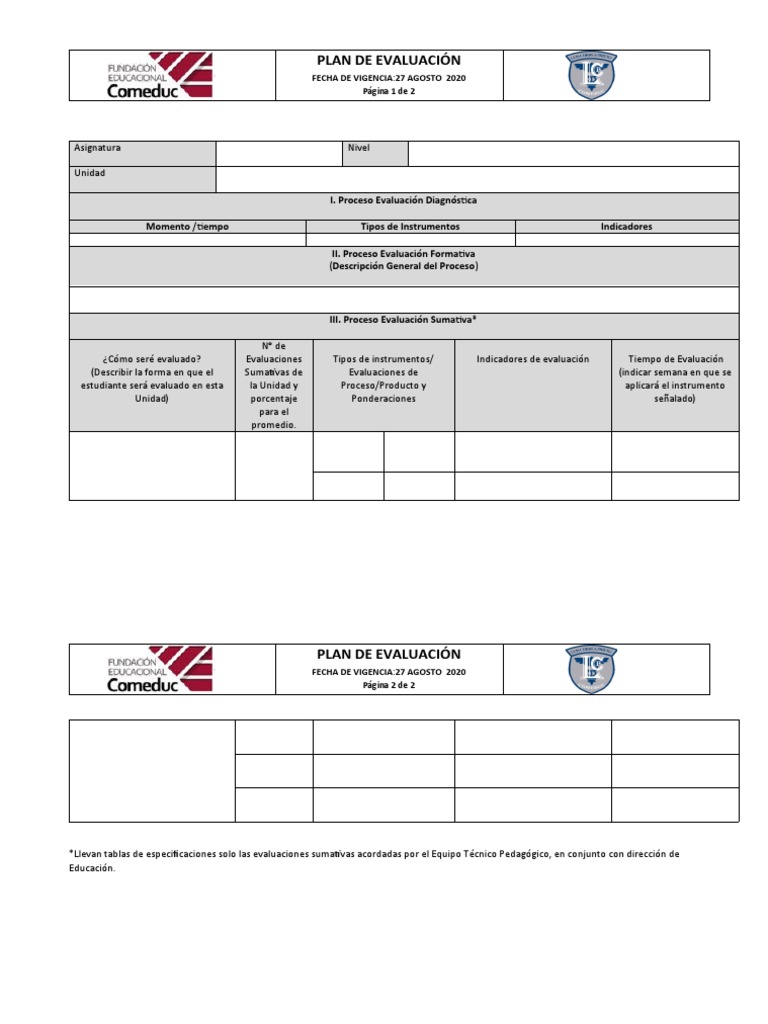 Formato Plan de Evaluación 2021 | PDF