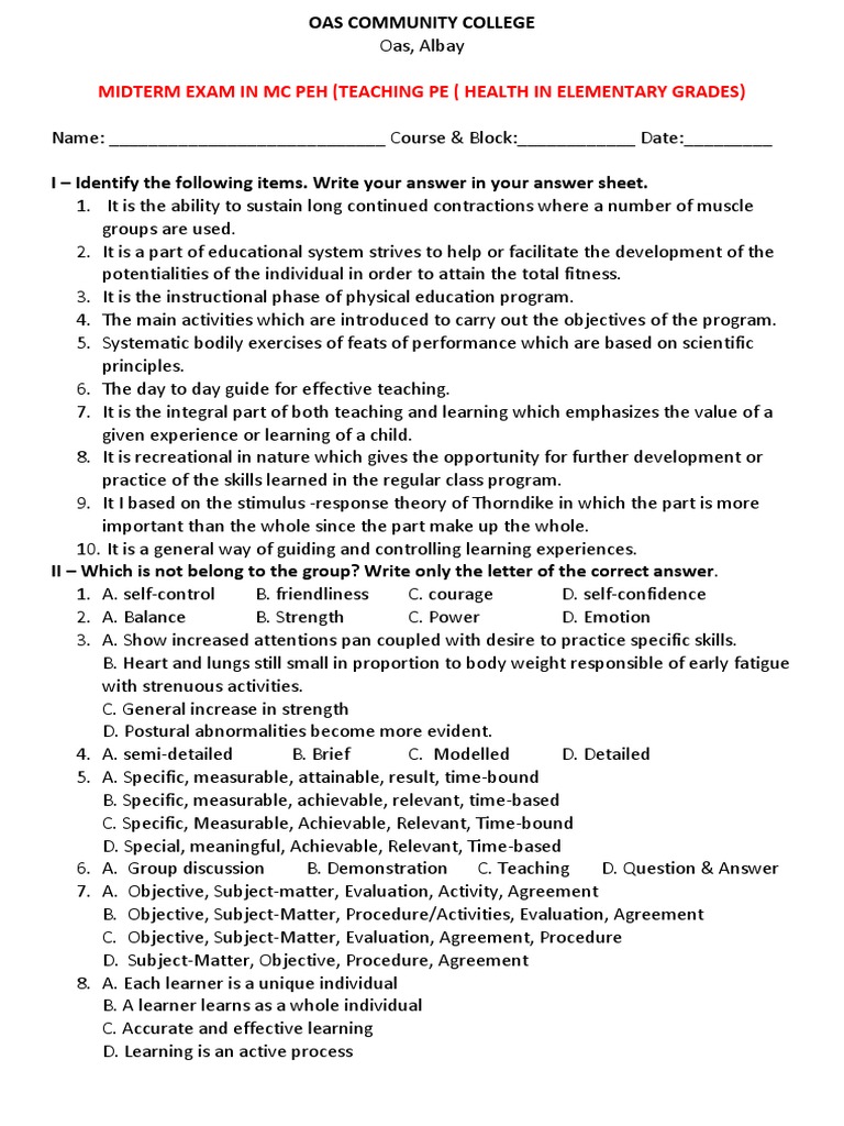 Midterm Exam: Teaching PE in Elementary | PDF | Career & Growth