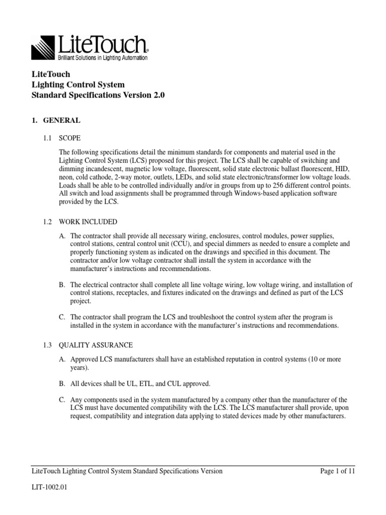 LiteTouch Lighting Control Specifications | PDF | Fluorescent Lamp | Relay