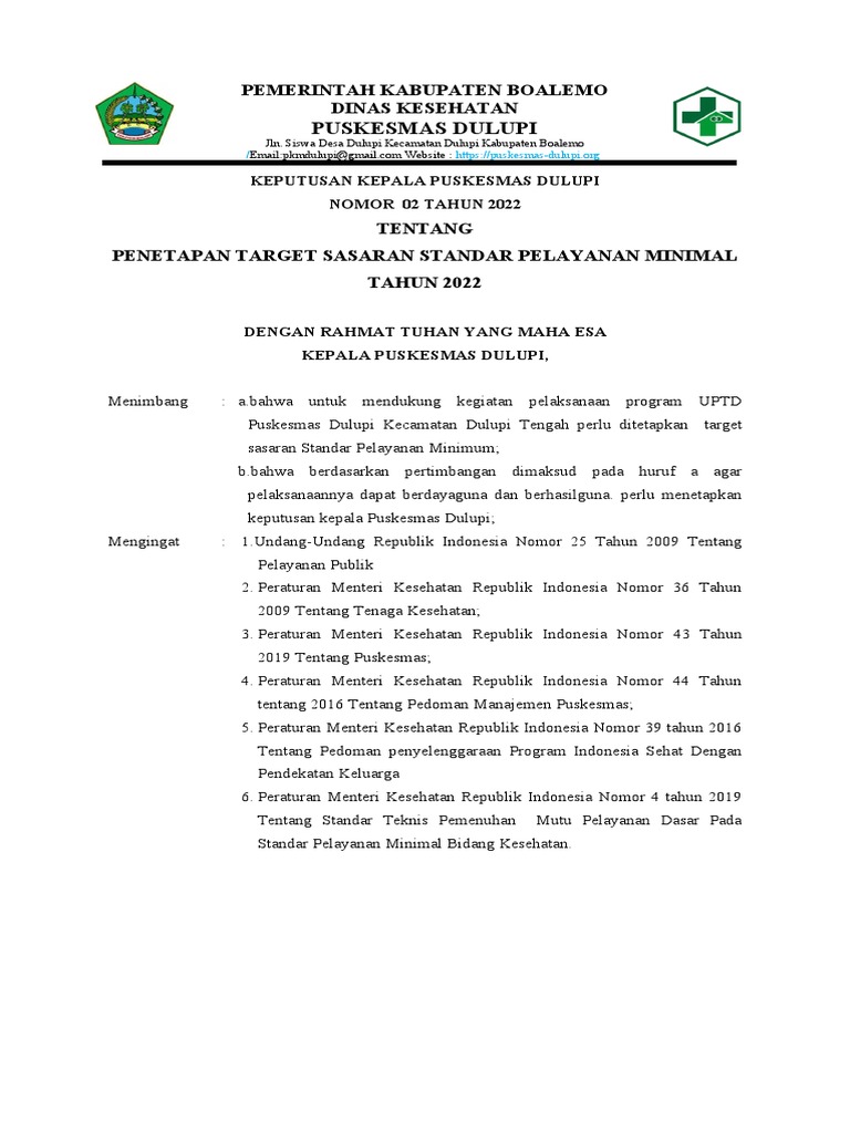 Penetapan Target SPM Puskesmas 2022 | PDF