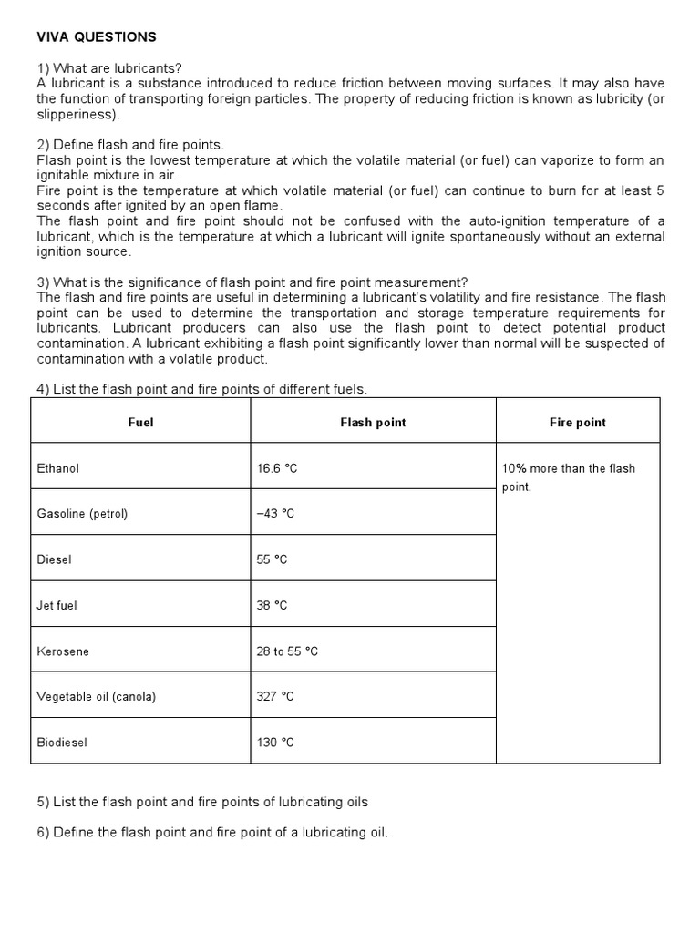 Viva Questions Fuel Flash Point Fire Point PDF Diesel Engine
