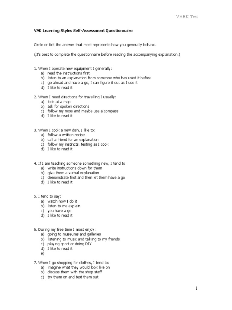 VARK Learning Styles Questionnaire | PDF | Learning Styles | Cognition