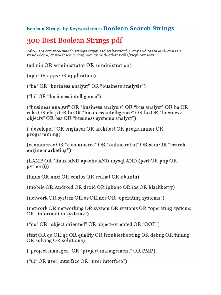 Boolean Strings by Keyword More Boolean Search Strings | PDF | World ...