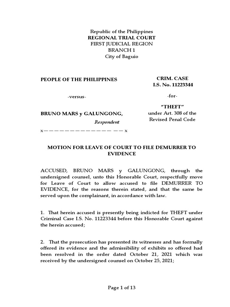 Motion for Demurrer to Evidence in Theft Case | PDF | Affidavit | Theft