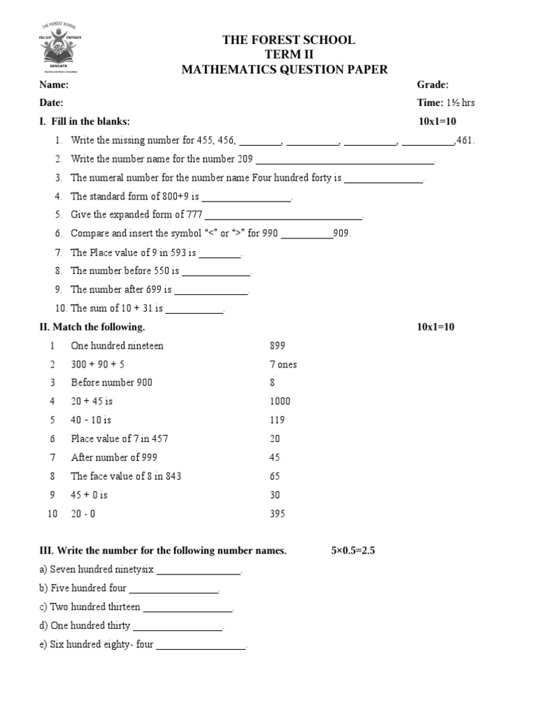 grade 3 2nd term test papers maths