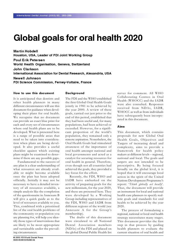 Global Oral Health Goals 2020 PDF