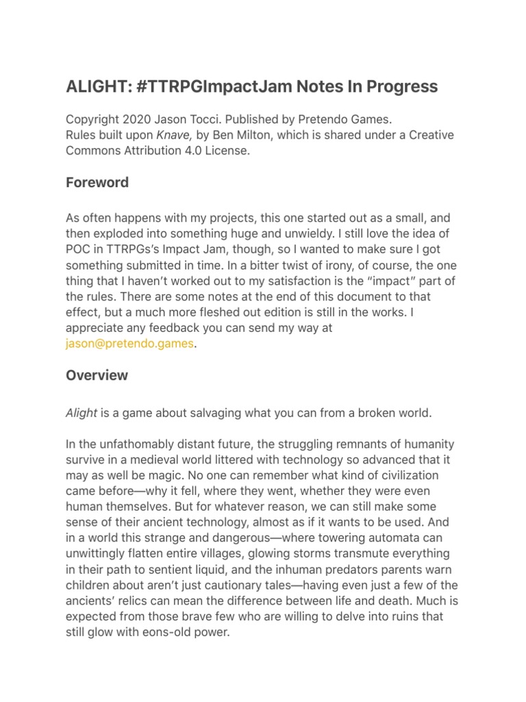 ALIGHT - #TTRPGImpactJam Notes in Progress | PDF