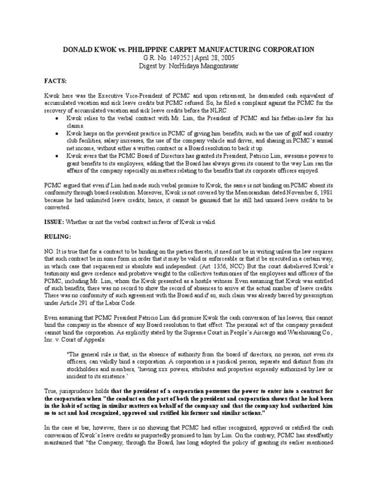 11 KWOK v. PHILIPPINE CARPET MANUFACTURING Mangontawar PDF