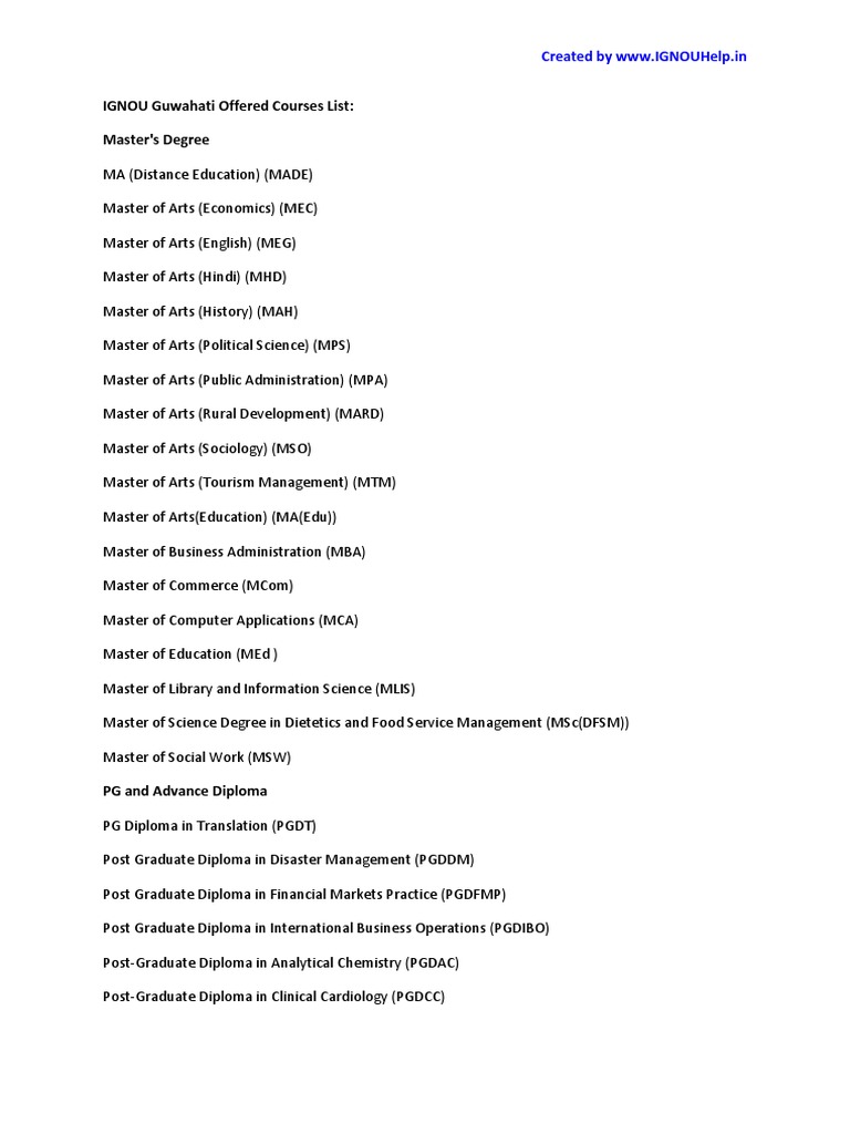 IGNOU Guwahati Offered Courses List PDF