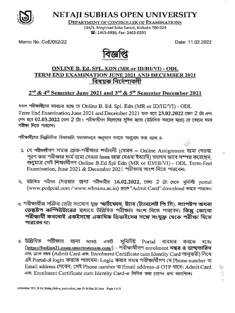 BED Bengali Notice June2021 Dec2021 PDF
