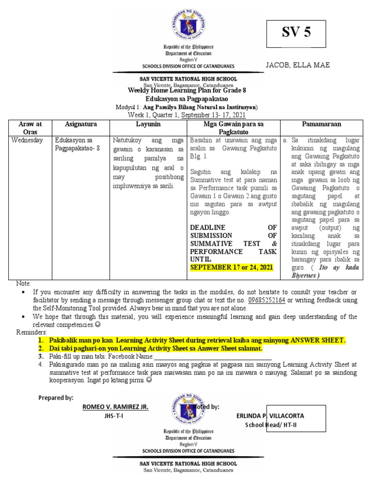 Weekly Home Learning Plan For Grade 8 | PDF