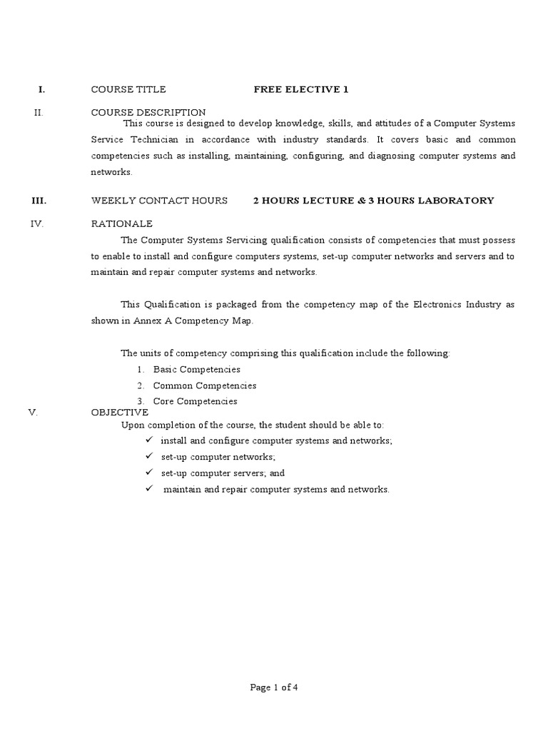 Syllabus in Computer Systems Servicing NC II Gr11 and 12 | PDF