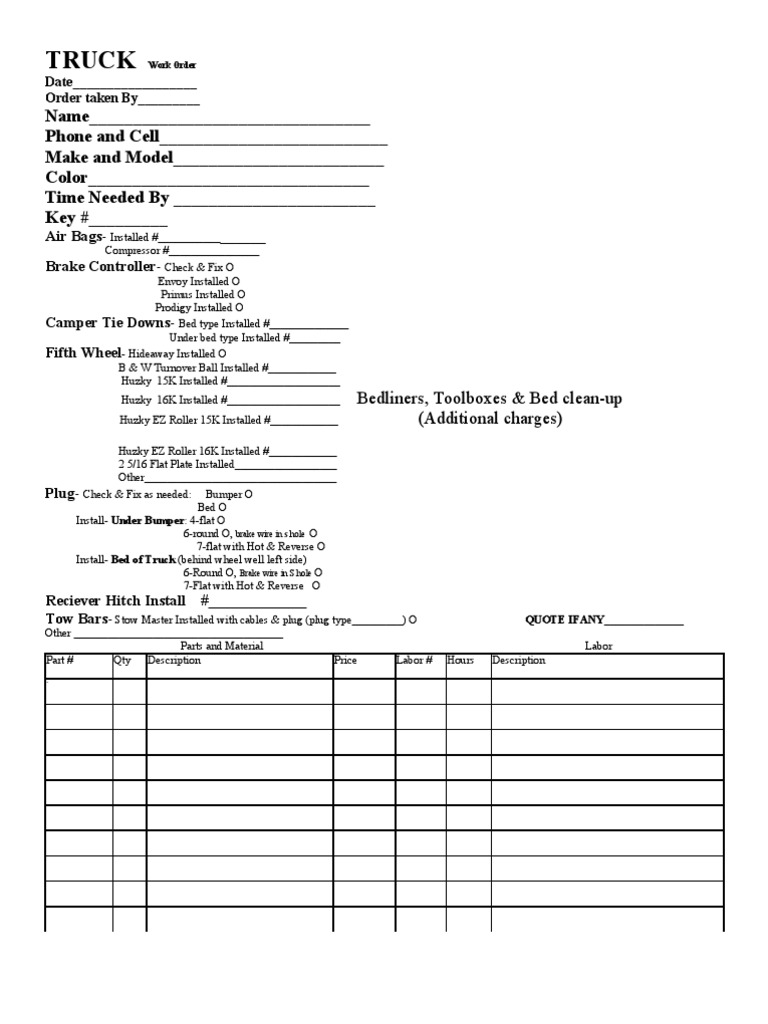 Truck Work Order Template | PDF