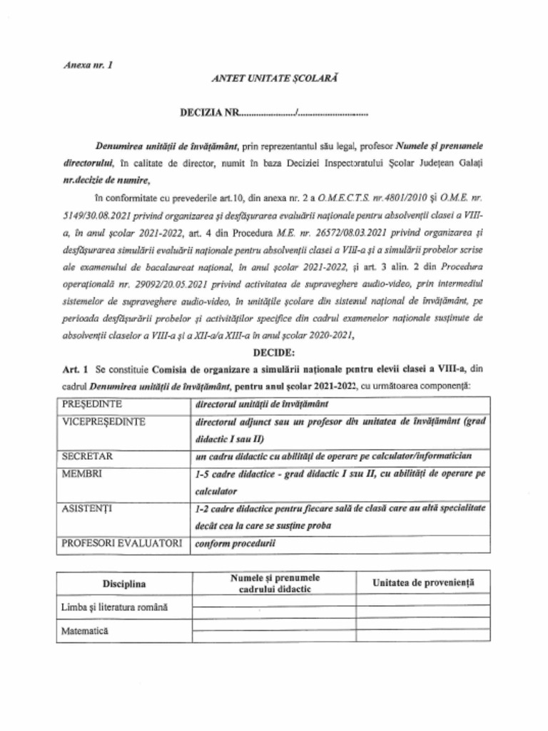 1 decizie comisie organizare simulare model pdf