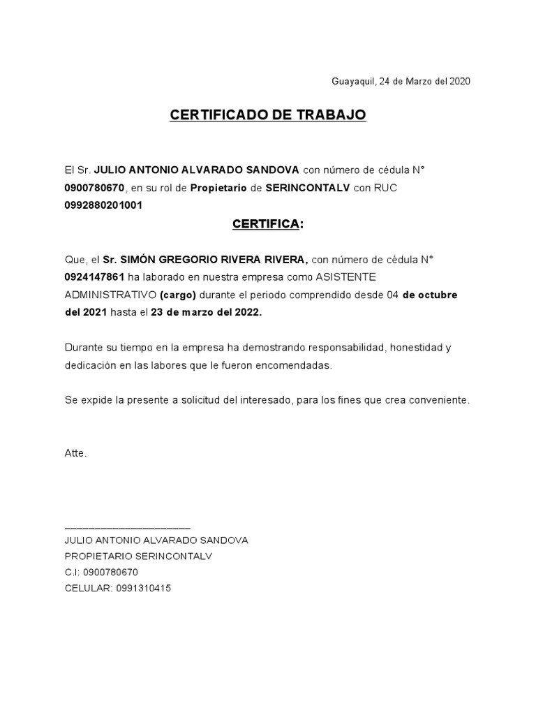 Modelo Certificado Trabajo Laboral | PDF