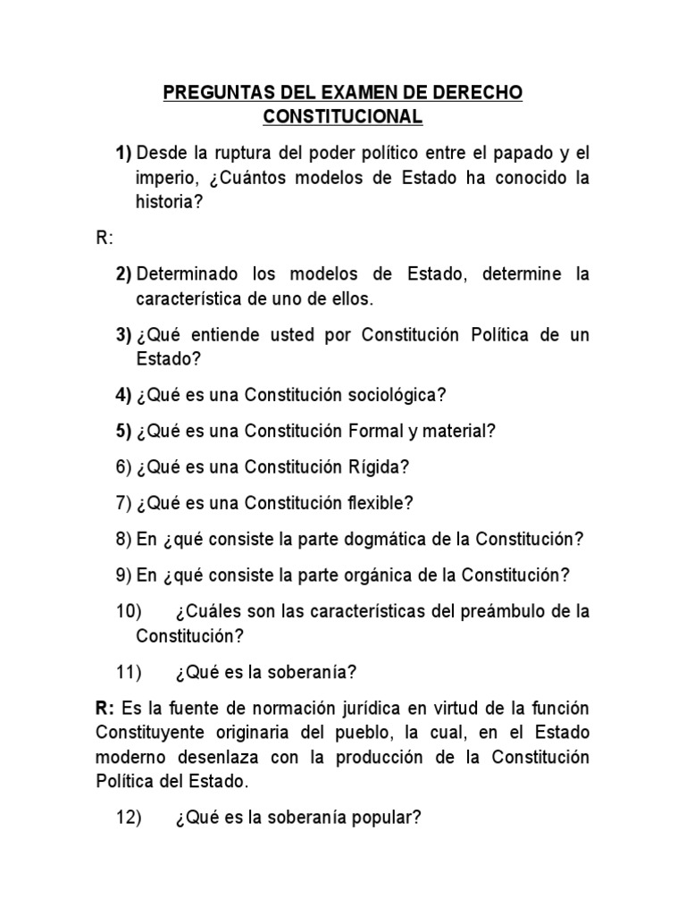 Preguntas Del Examen de Derecho Constitucional | PDF | Constitución ...
