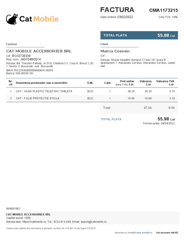 Factura Marcu Cosmin Cat Mobile Accessories SRL PDF