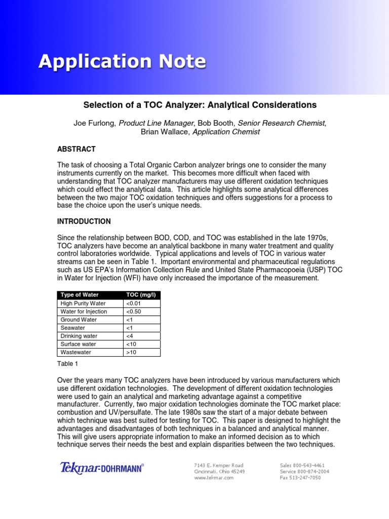 Choosing the Right TOC Analyzer | PDF | Total Organic Carbon | Chemistry