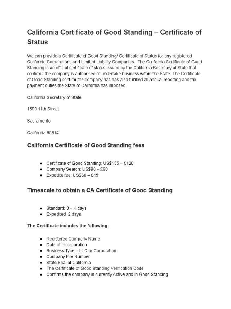 California Certificate of Good Standing - Certificate of Status 
