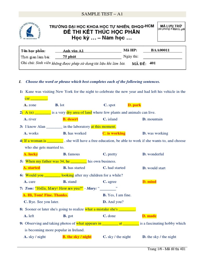 A1 English Proficiency Test Sample | PDF | Bed