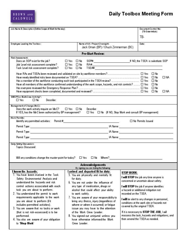 13 Toolbox Meeting Form PDF Hazards Safety