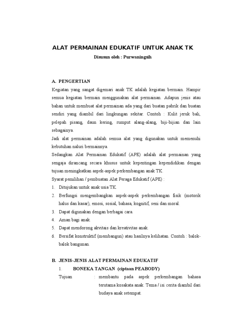 Contoh Makalah Alat Permainan Edukatif Paud