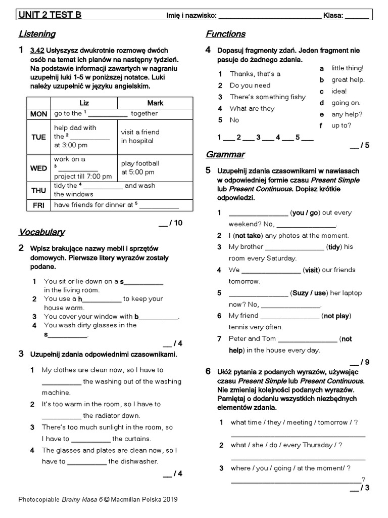 Test Z Angielskiego Klasa 6 Unit 2 Brainy