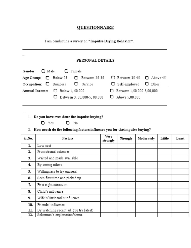 Impulse Buying Questionnaire Sex Gender