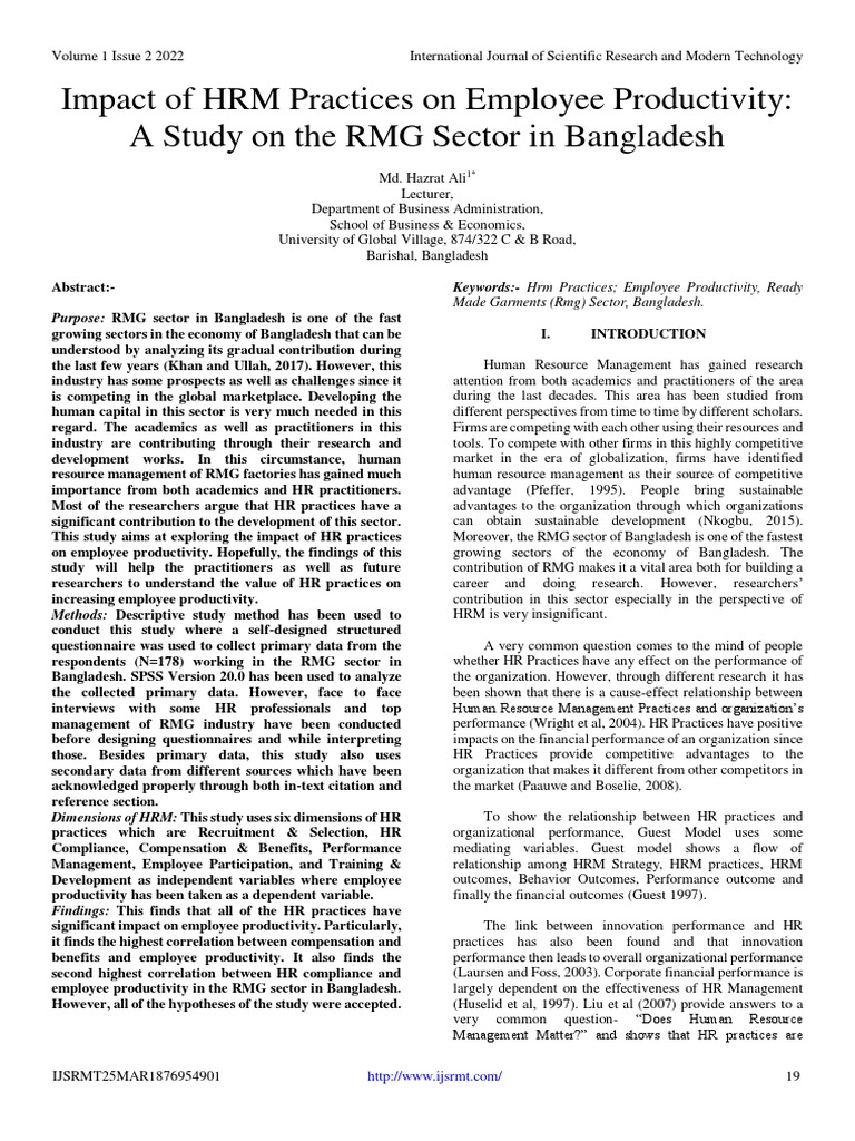 Impact of HRM Practices On Employee Productivity: A Study On The RMG ...
