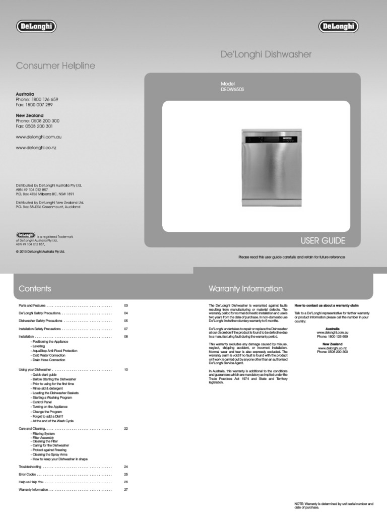 Delonghi DEDW650S Dishwasher User Manual PDF