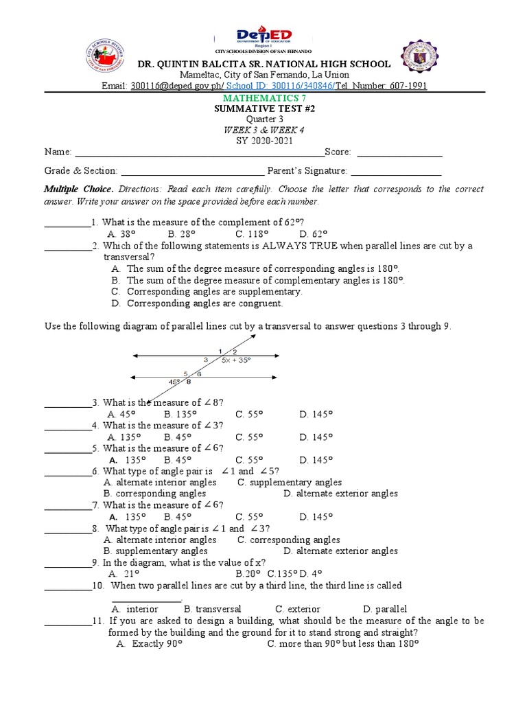 Math 7 Summative Test & Tasks Guide | PDF