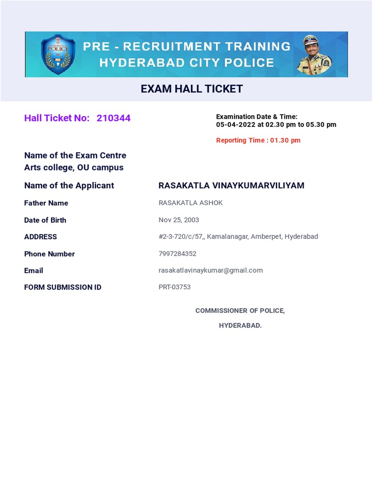 5248823273313259600-Hall Ticket PRT - Hyd. | PDF