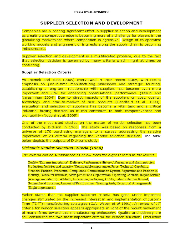 Supplier Selection & Development Guide | PDF | Supply Chain | Strategic ...