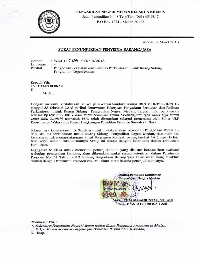 Surat Penunjukan Penyedia Barang Dan Jasa | PDF