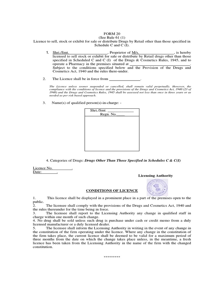 Retail Drug License Form 20 Details | PDF | Law