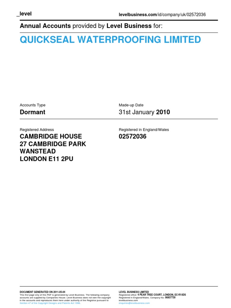 QUICKSEAL WATERPROOFING LIMITED - Company Accounts From Level Business ...
